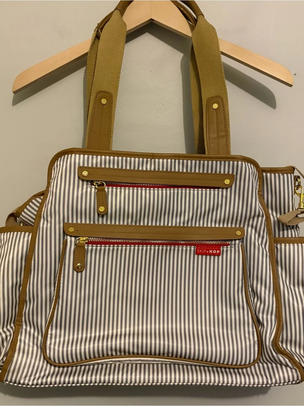 Skip Hop Grey & Cream Striped Gender Neutral Diaper Bag w Ubbi Changing Pad